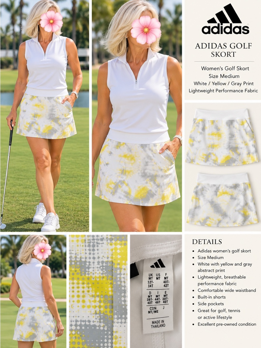 adidas White, Yellow & Gray Abstract Print Golf Skort
